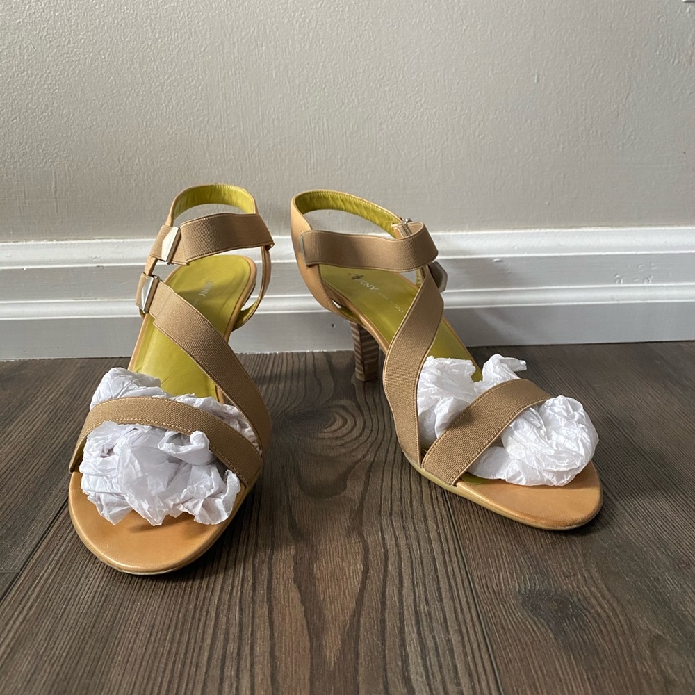 DKNY strappy heels, size 9.5, tan.